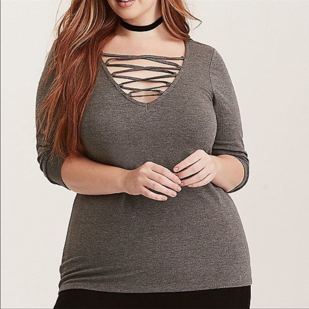 Torrid Charcoal Grey Sexy Deep V Lace Up Top 3